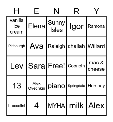 Henry JKH Bingo Card