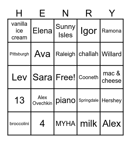 Henry JKH Bingo Card