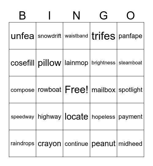 Multisyllabic Long Vowels Bingo Card