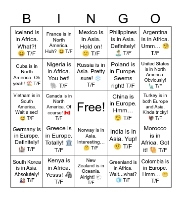 Brazil is in Europe.  T/F Bingo Card