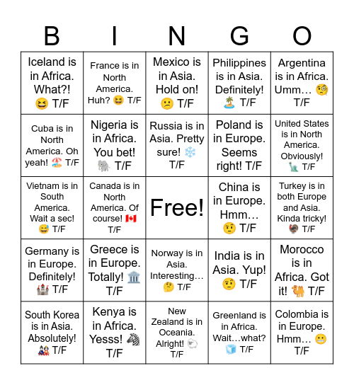 Brazil is in Europe.  T/F Bingo Card