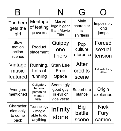Marvel Cinematic Universe Bingo Card