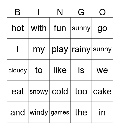 Simple Words Bingo Card