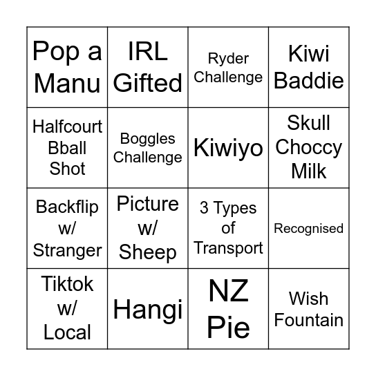 NEW ZEALAND BINGO Card