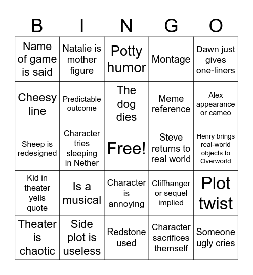 Minecraft Movie Bingo Card