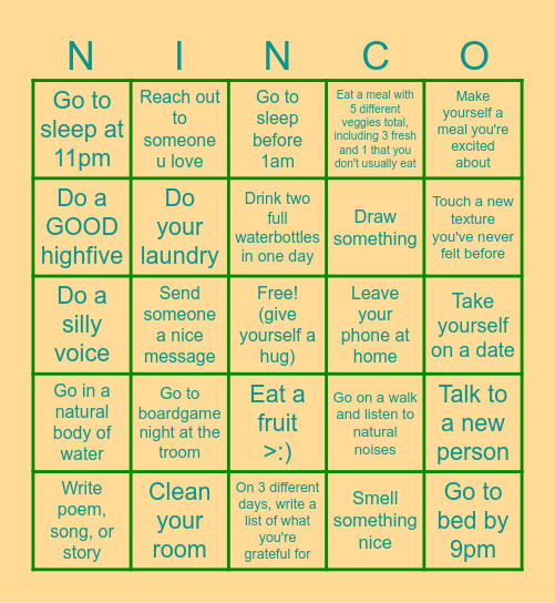 Self-Care Ninco!! Bingo Card
