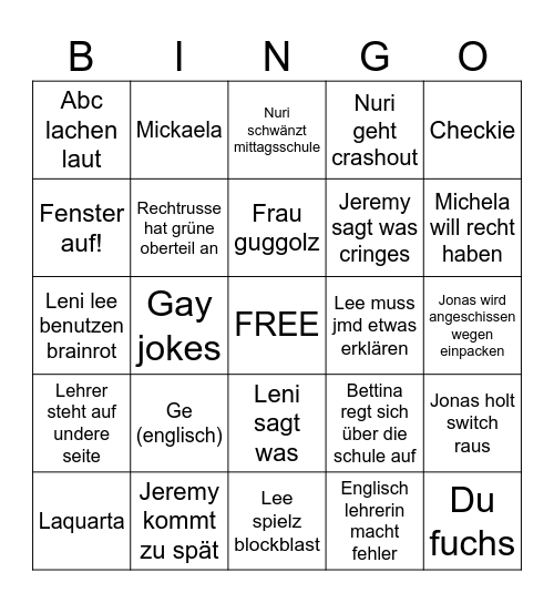 Schule Bingo Card