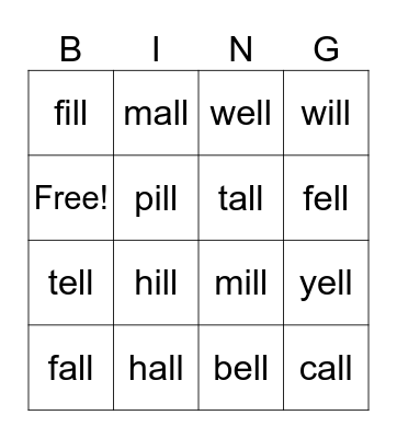 all, ill, ell words list Bingo Card