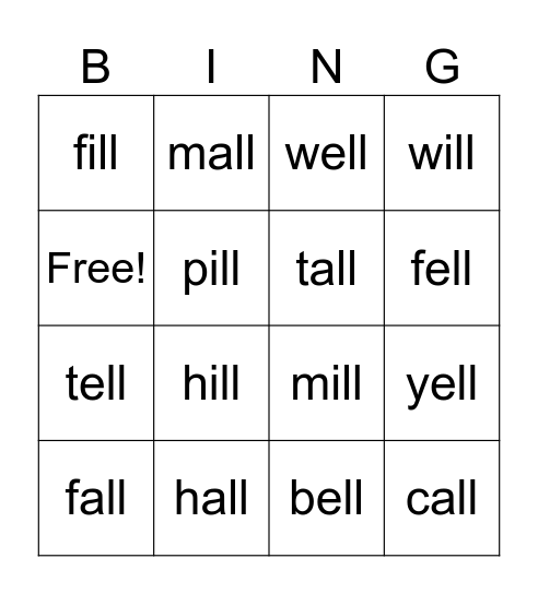 all, ill, ell words list Bingo Card