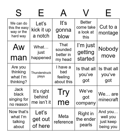 Minecraft movie bingo Card