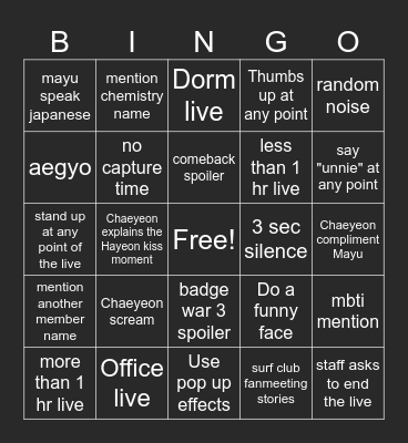 250417 Signal Live (Chaeyeon Mayu) Bingo Card