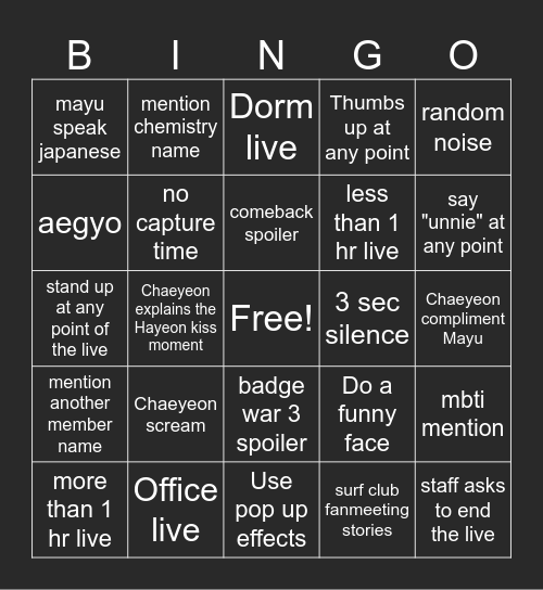 250417 Signal Live (Chaeyeon Mayu) Bingo Card