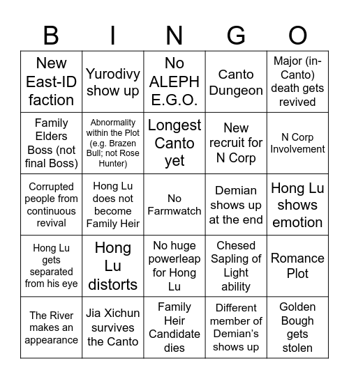 Canto 8 Bingo Card