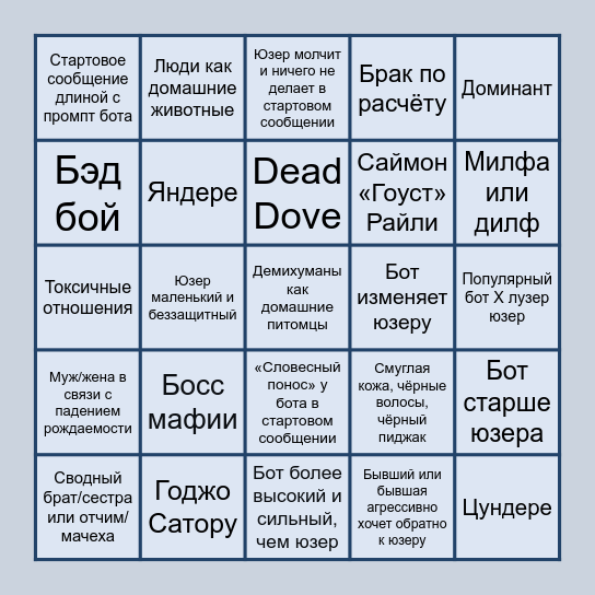 Бинго типичного бота Janitor.ai Bingo Card