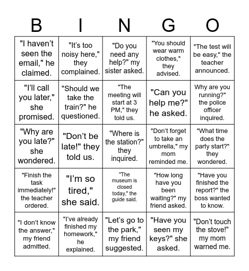 Reported speech Bingo Card