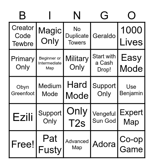 BTD6 Hard Mode Bingo Card