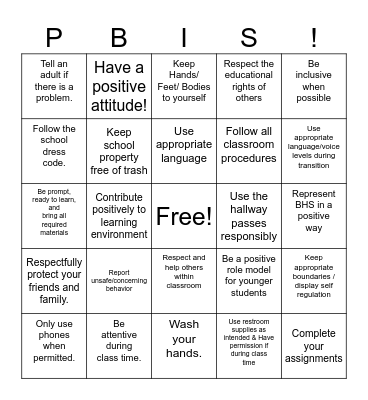 MHS PBIS Bingo Card