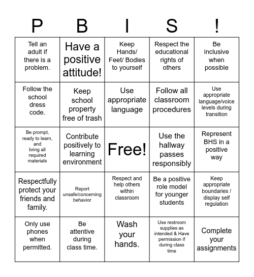 MHS PBIS Bingo Card