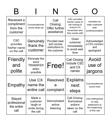 Customer Service - JD Power Bingo Card