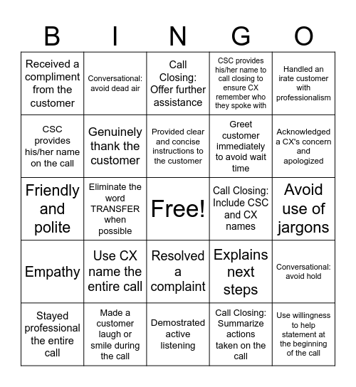 Customer Service - JD Power Bingo Card