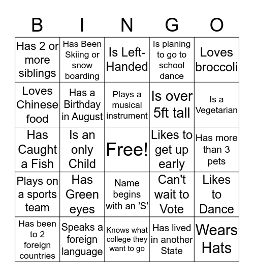 Find Someone who...(write their name in square) Bingo Card