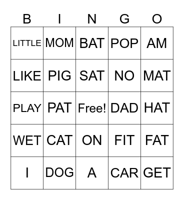 Kindergarten Bingo Card