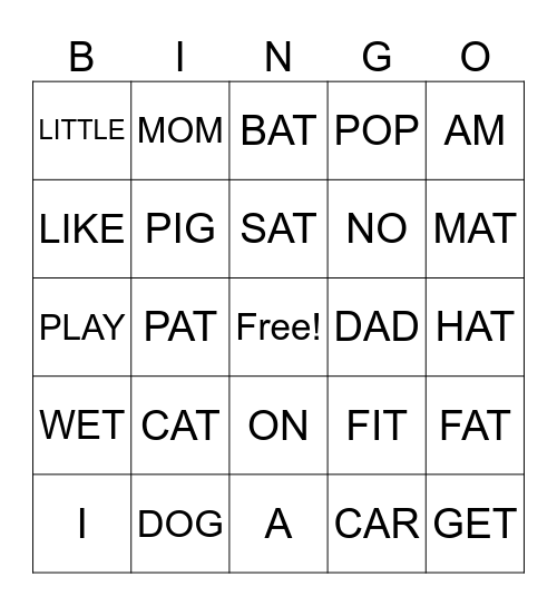 Kindergarten Bingo Card