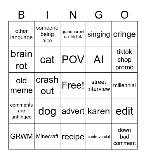 TikTok bingo Card
