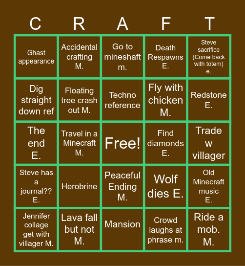 Minecraft movie  Bingo Card