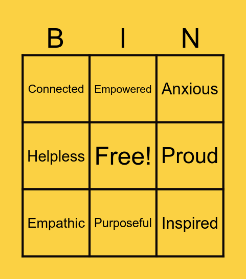 I am feeling _____ BINGO! Bingo Card