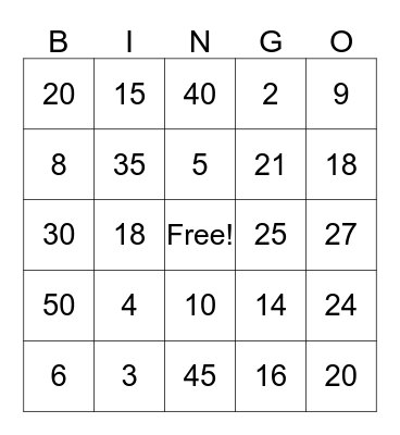 Multiplication Bingo 2, 3, 5 Bingo Card