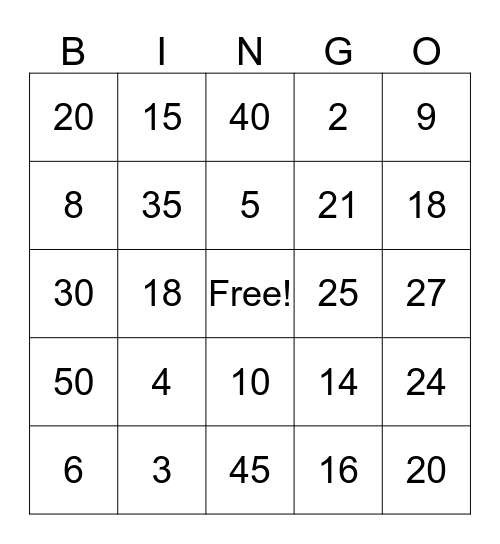 Multiplication Bingo 2, 3, 5 Bingo Card