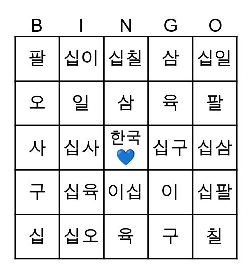 LICZBY SINOKOREAŃSKIE Bingo Card