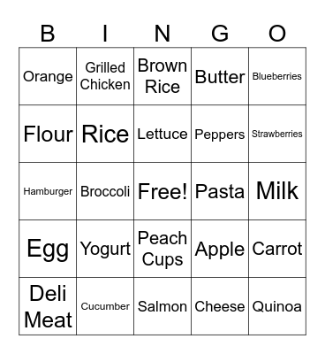 Nutrition Bingo Card