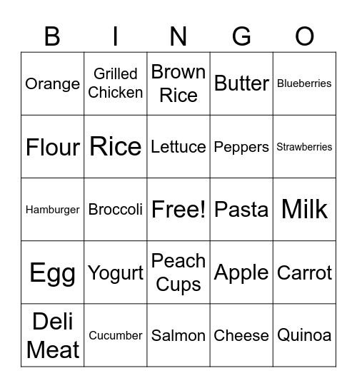 Nutrition Bingo Card