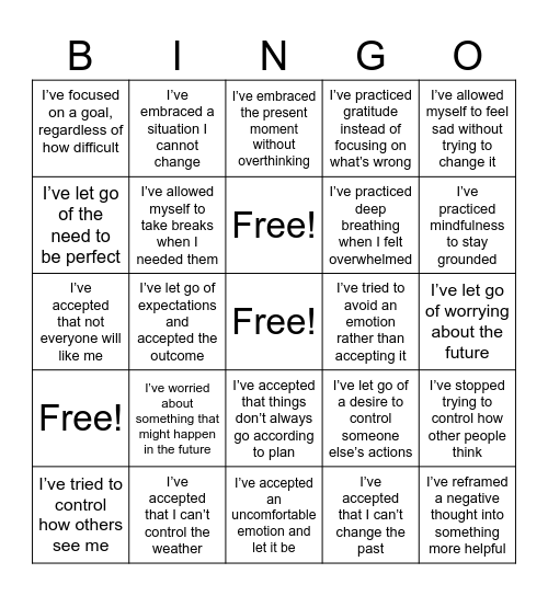 Control and Acceptance Bingo Card