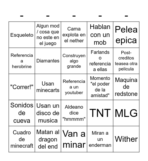 Pelicula minecraft Bingo Card