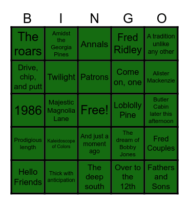 Jim Nantz Masters Bingo Card