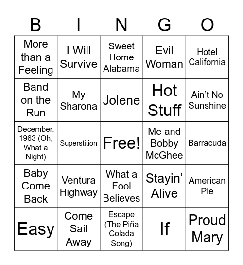 Decades Sing-O: 70's Bingo Card