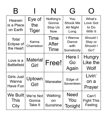 Sing-O Decades: 80's Bingo Card