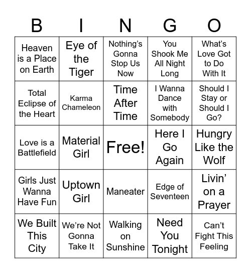 Sing-O Decades: 80's Bingo Card