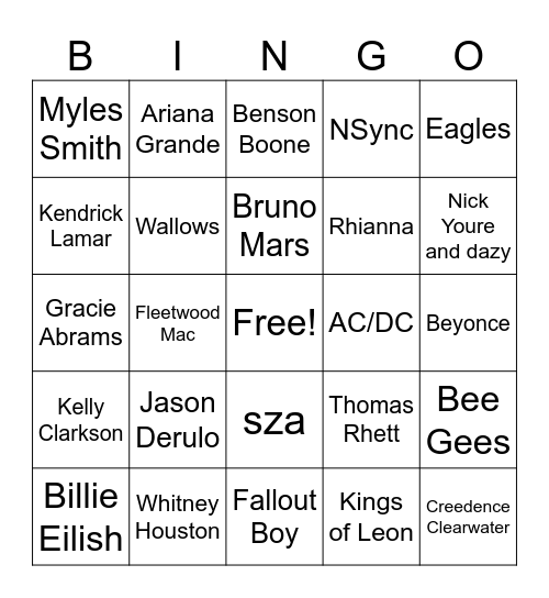 Artists Bingo Card