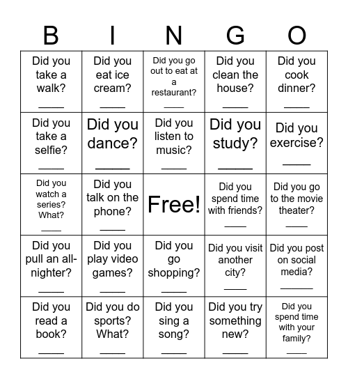 What did you do this weekend? Bingo Card