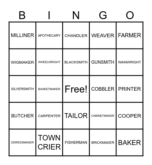 COLONIAL JOBS Bingo Card