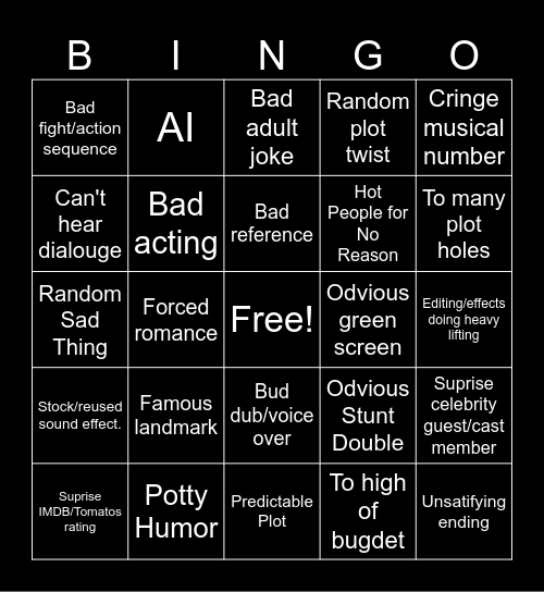 Bad Movie Bingo Card