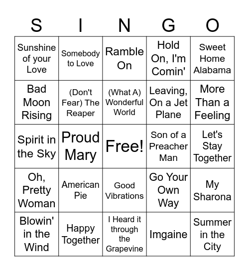 60s and 70s Bingo Card