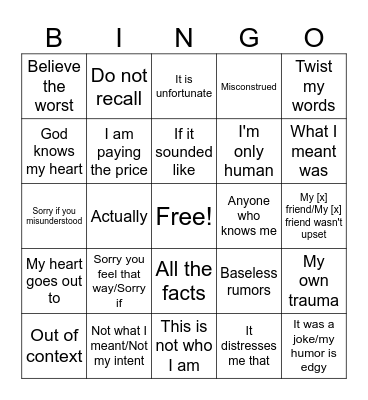 Bad Apology Bingo Card