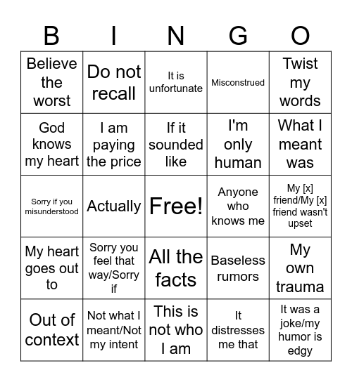 Bad Apology Bingo Card