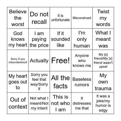 Bad Apology Bingo Card