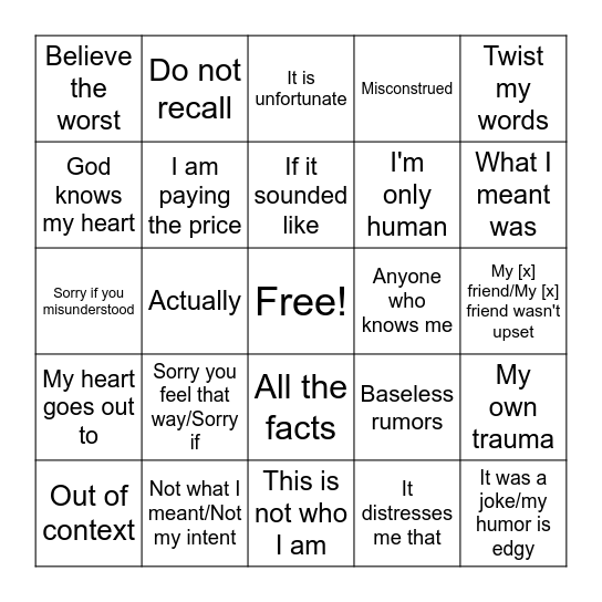 Bad Apology Bingo Card